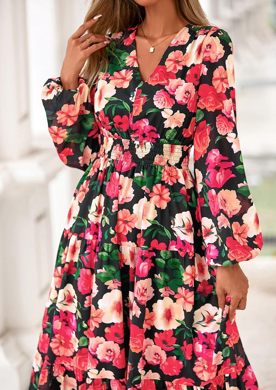 imagePRETTYGARDEN Long Sleeve Maxi Fall Dresses for Women 2025 Vneck Smocked Boho Floral Tiered Swing Flowy Wedding Guest DressFloral Black Multi