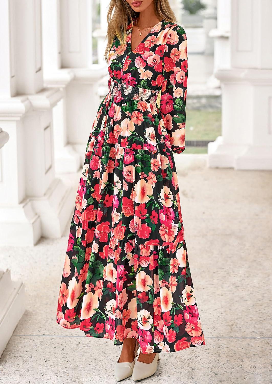 imagePRETTYGARDEN Long Sleeve Maxi Fall Dresses for Women 2025 Vneck Smocked Boho Floral Tiered Swing Flowy Wedding Guest DressFloral Black Multi