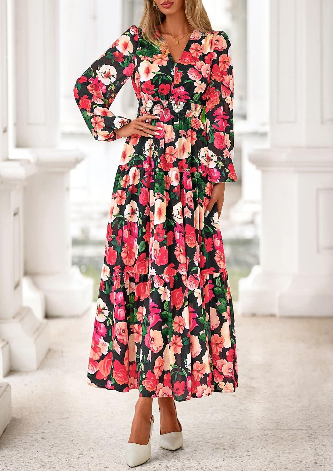 imagePRETTYGARDEN Long Sleeve Maxi Fall Dresses for Women 2025 Vneck Smocked Boho Floral Tiered Swing Flowy Wedding Guest DressFloral Black Multi