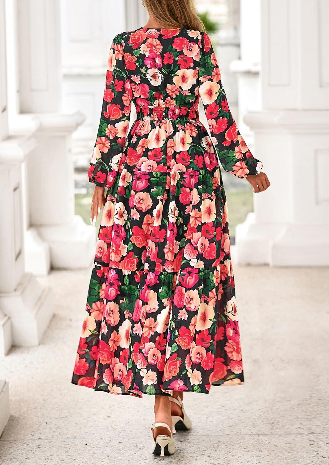 imagePRETTYGARDEN Long Sleeve Maxi Fall Dresses for Women 2025 Vneck Smocked Boho Floral Tiered Swing Flowy Wedding Guest DressFloral Black Multi