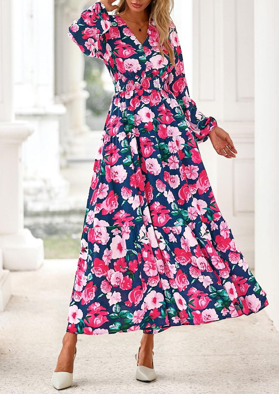 imagePRETTYGARDEN Long Sleeve Maxi Fall Dresses for Women 2025 Vneck Smocked Boho Floral Tiered Swing Flowy Wedding Guest DressFloral Navy Blue Multi