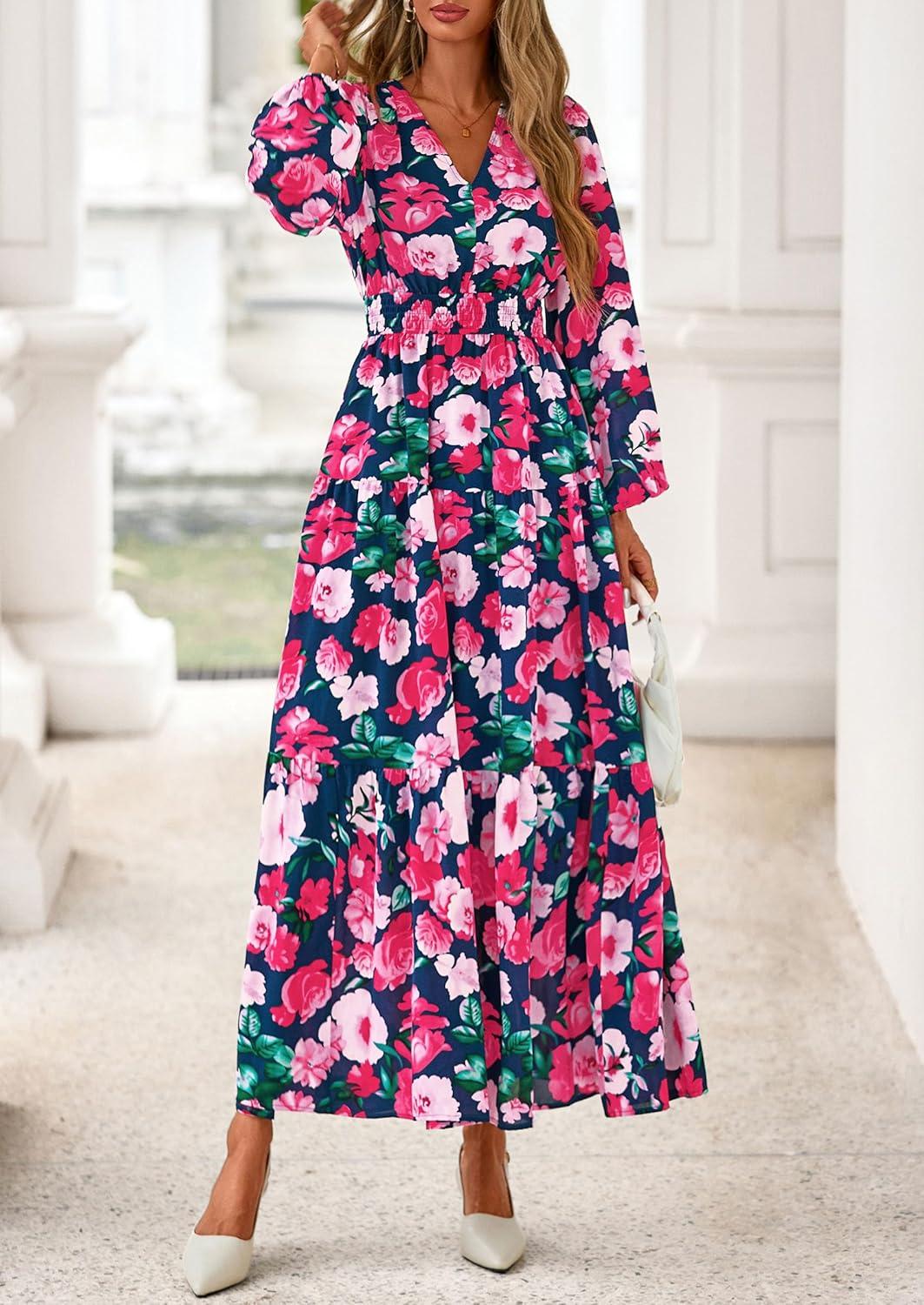 imagePRETTYGARDEN Long Sleeve Maxi Fall Dresses for Women 2025 Vneck Smocked Boho Floral Tiered Swing Flowy Wedding Guest DressFloral Navy Blue Multi