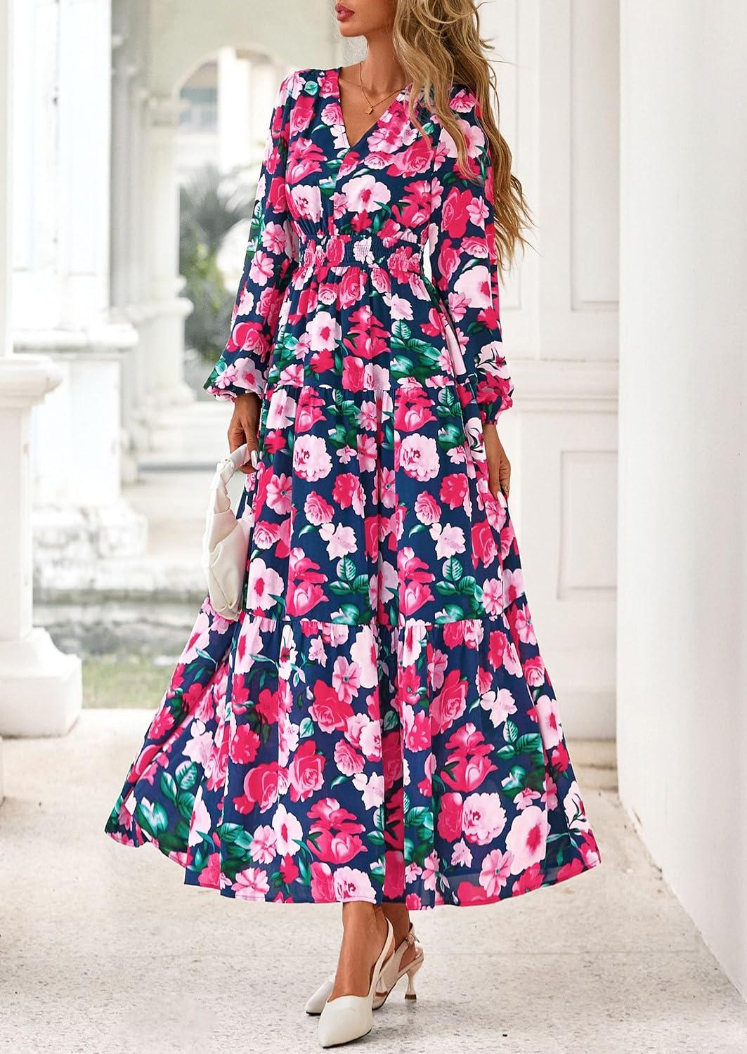imagePRETTYGARDEN Long Sleeve Maxi Fall Dresses for Women 2025 Vneck Smocked Boho Floral Tiered Swing Flowy Wedding Guest DressFloral Navy Blue Multi
