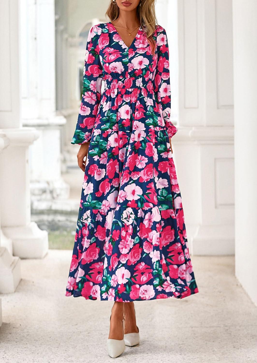imagePRETTYGARDEN Long Sleeve Maxi Fall Dresses for Women 2025 Vneck Smocked Boho Floral Tiered Swing Flowy Wedding Guest DressFloral Navy Blue Multi