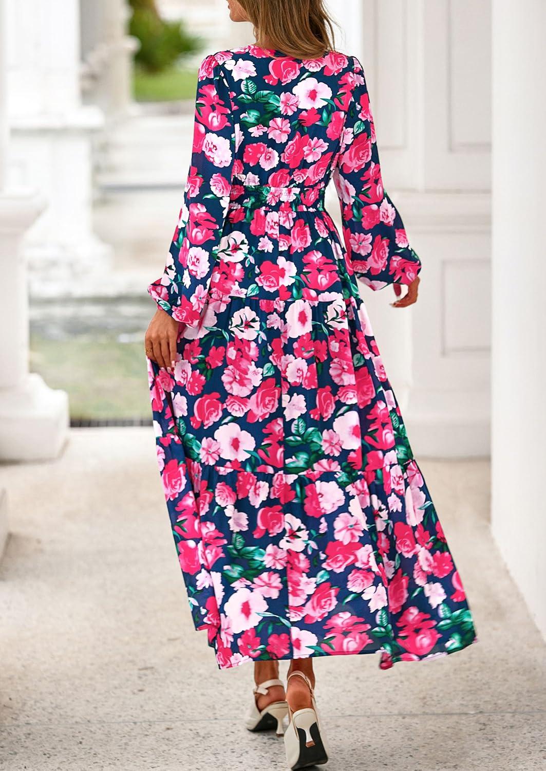 imagePRETTYGARDEN Long Sleeve Maxi Fall Dresses for Women 2025 Vneck Smocked Boho Floral Tiered Swing Flowy Wedding Guest DressFloral Navy Blue Multi