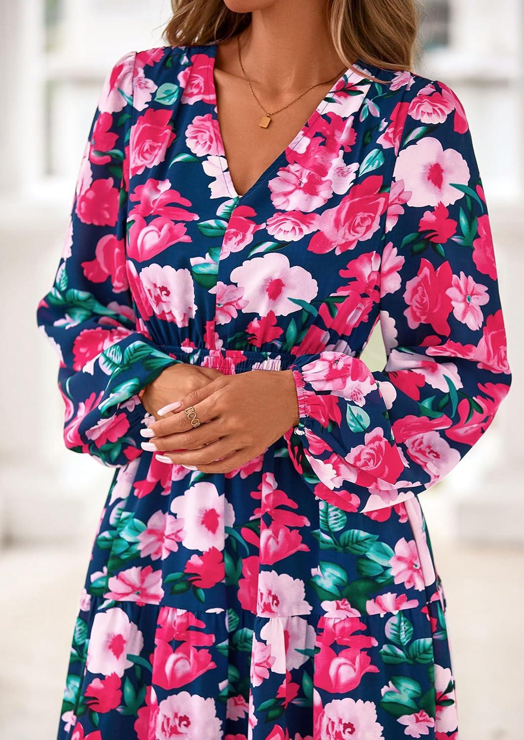 imagePRETTYGARDEN Long Sleeve Maxi Fall Dresses for Women 2025 Vneck Smocked Boho Floral Tiered Swing Flowy Wedding Guest DressFloral Navy Blue Multi