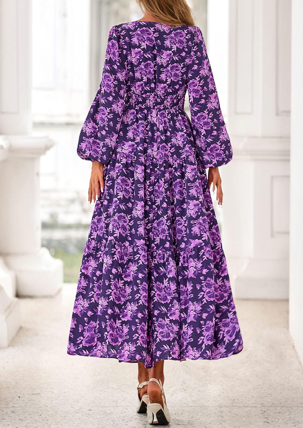 imagePRETTYGARDEN Long Sleeve Maxi Fall Dresses for Women 2025 Vneck Smocked Boho Floral Tiered Swing Flowy Wedding Guest DressFloral Purple