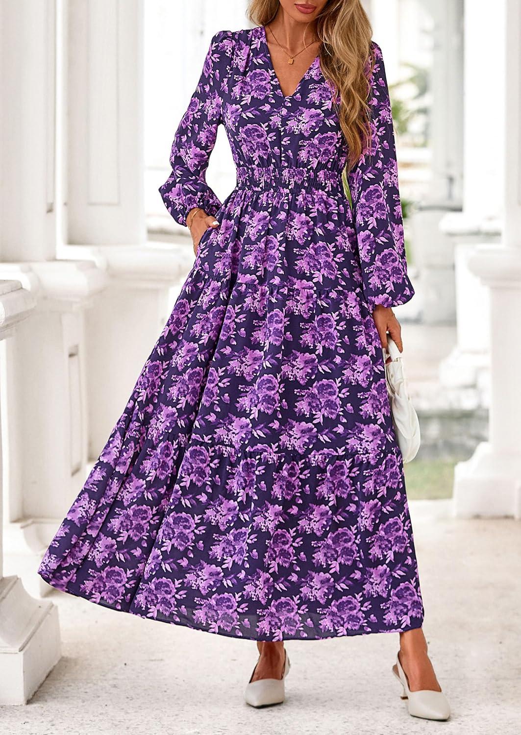 imagePRETTYGARDEN Long Sleeve Maxi Fall Dresses for Women 2025 Vneck Smocked Boho Floral Tiered Swing Flowy Wedding Guest DressFloral Purple