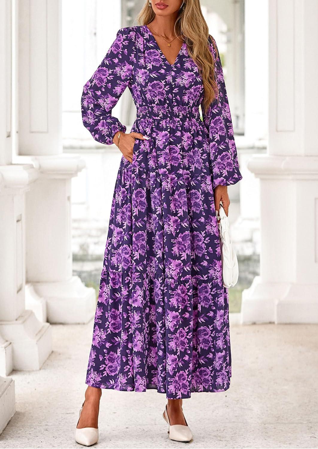 imagePRETTYGARDEN Long Sleeve Maxi Fall Dresses for Women 2025 Vneck Smocked Boho Floral Tiered Swing Flowy Wedding Guest DressFloral Purple