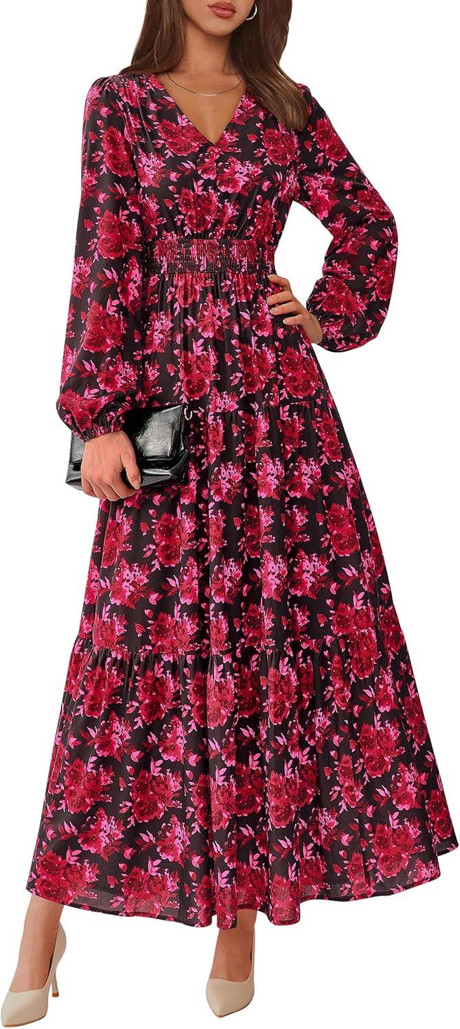 imagePRETTYGARDEN Long Sleeve Maxi Fall Dresses for Women 2025 Vneck Smocked Boho Floral Tiered Swing Flowy Wedding Guest DressFloral Red
