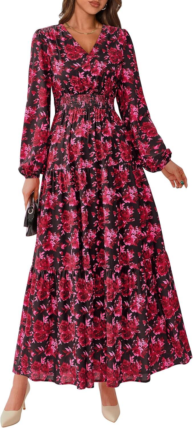 imagePRETTYGARDEN Long Sleeve Maxi Fall Dresses for Women 2025 Vneck Smocked Boho Floral Tiered Swing Flowy Wedding Guest DressFloral Red