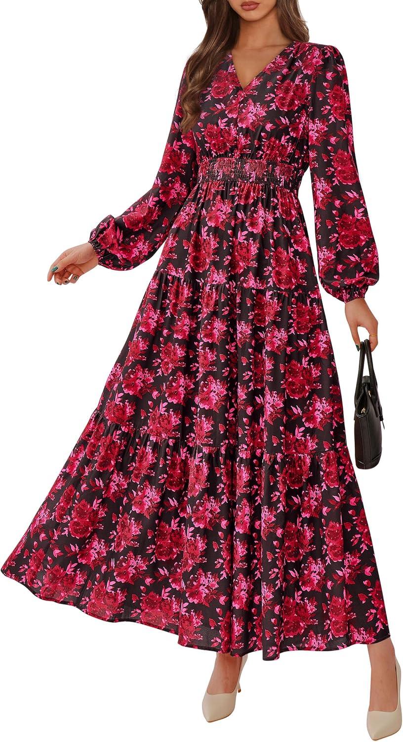 imagePRETTYGARDEN Long Sleeve Maxi Fall Dresses for Women 2025 Vneck Smocked Boho Floral Tiered Swing Flowy Wedding Guest DressFloral Red