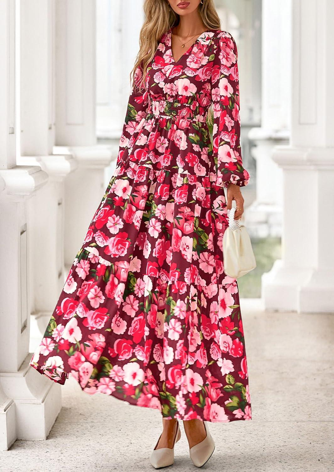 imagePRETTYGARDEN Long Sleeve Maxi Fall Dresses for Women 2025 Vneck Smocked Boho Floral Tiered Swing Flowy Wedding Guest DressFloral Wine Red Multi