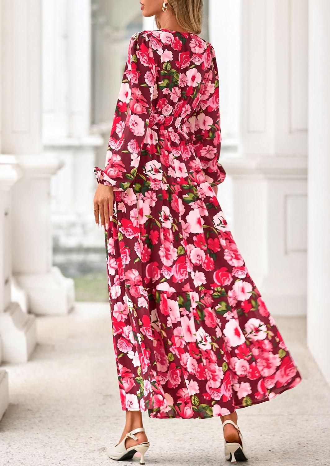imagePRETTYGARDEN Long Sleeve Maxi Fall Dresses for Women 2025 Vneck Smocked Boho Floral Tiered Swing Flowy Wedding Guest DressFloral Wine Red Multi
