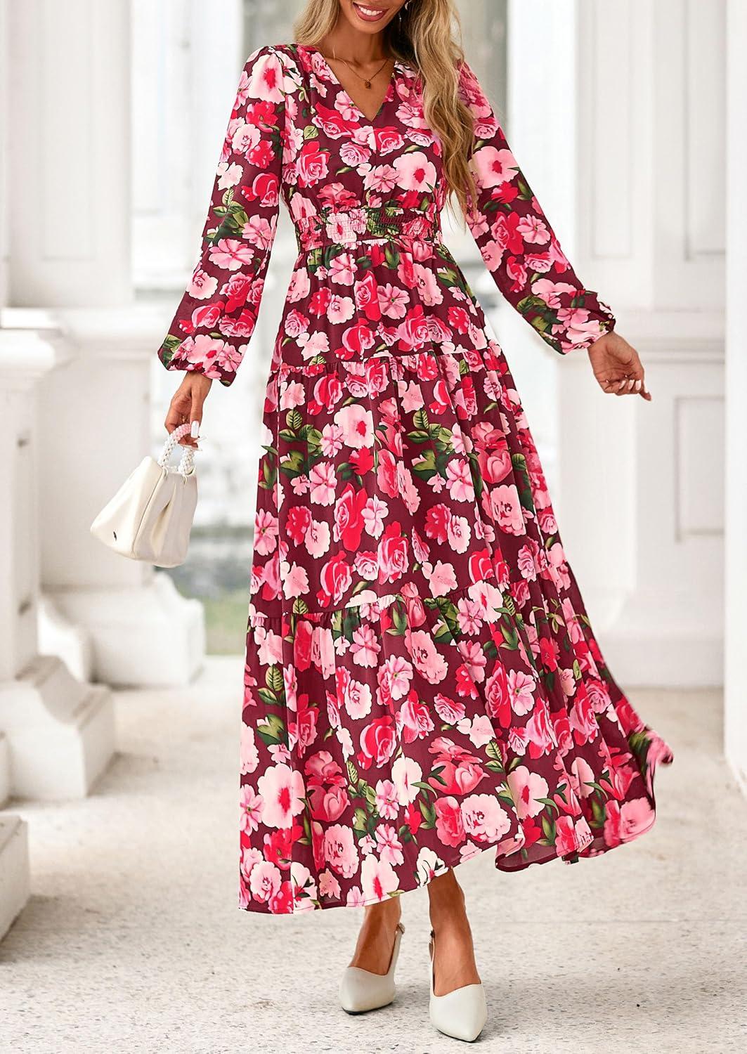 imagePRETTYGARDEN Long Sleeve Maxi Fall Dresses for Women 2025 Vneck Smocked Boho Floral Tiered Swing Flowy Wedding Guest DressFloral Wine Red Multi