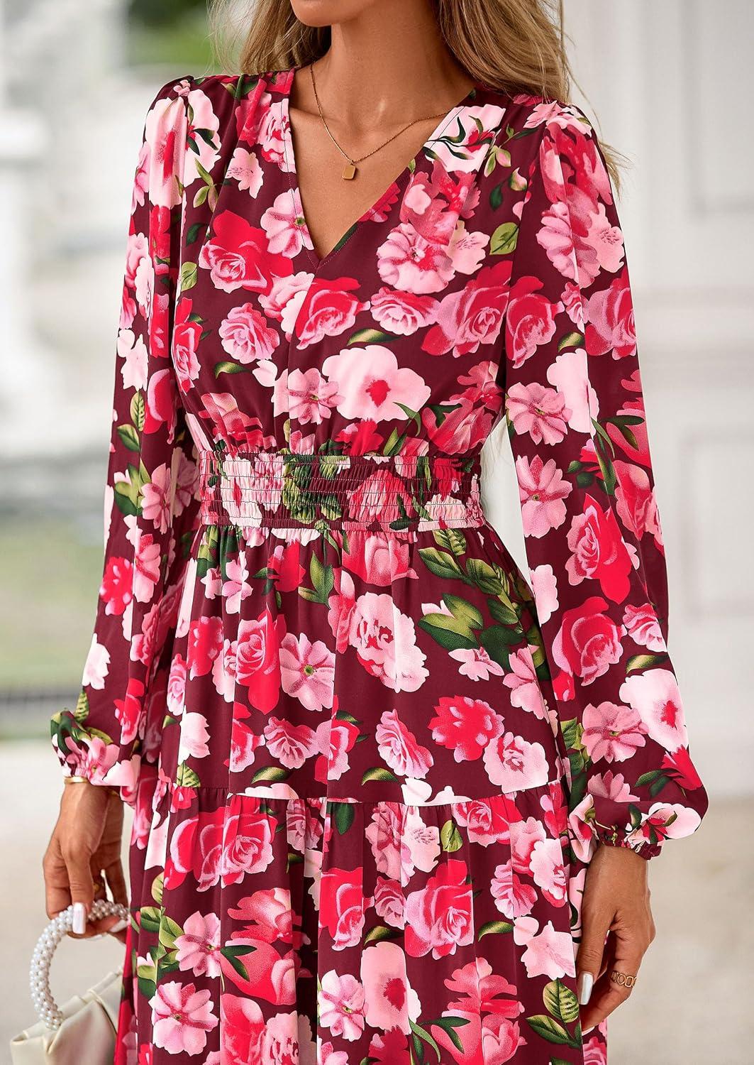 imagePRETTYGARDEN Long Sleeve Maxi Fall Dresses for Women 2025 Vneck Smocked Boho Floral Tiered Swing Flowy Wedding Guest DressFloral Wine Red Multi