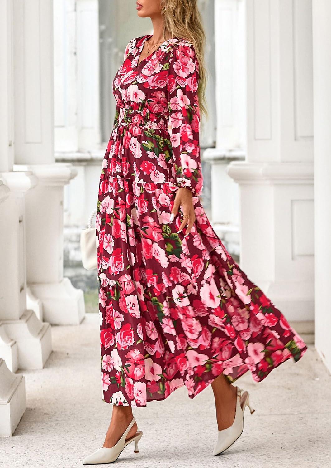imagePRETTYGARDEN Long Sleeve Maxi Fall Dresses for Women 2025 Vneck Smocked Boho Floral Tiered Swing Flowy Wedding Guest DressFloral Wine Red Multi