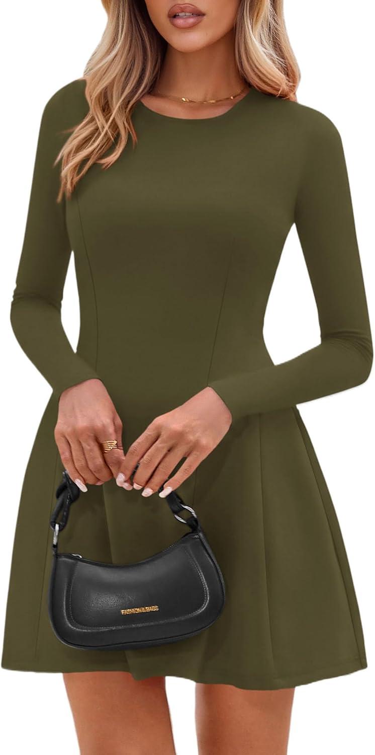 imagePRETTYGARDEN Long Sleeve Mini Dress for Women 2025 Fall Crewneck Knit Pleated Babydoll A Line Soft Casual Short Party DressesArmy Green