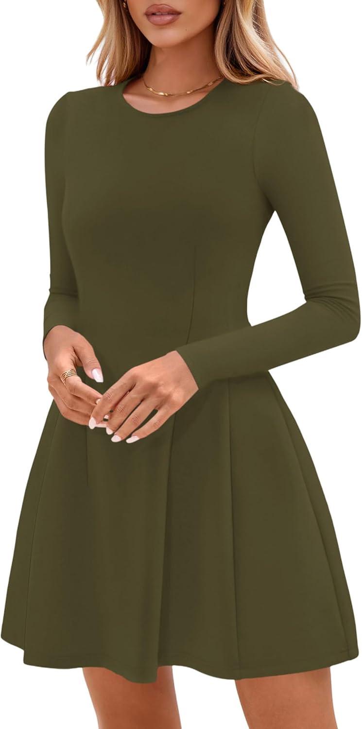 imagePRETTYGARDEN Long Sleeve Mini Dress for Women 2025 Fall Crewneck Knit Pleated Babydoll A Line Soft Casual Short Party DressesArmy Green