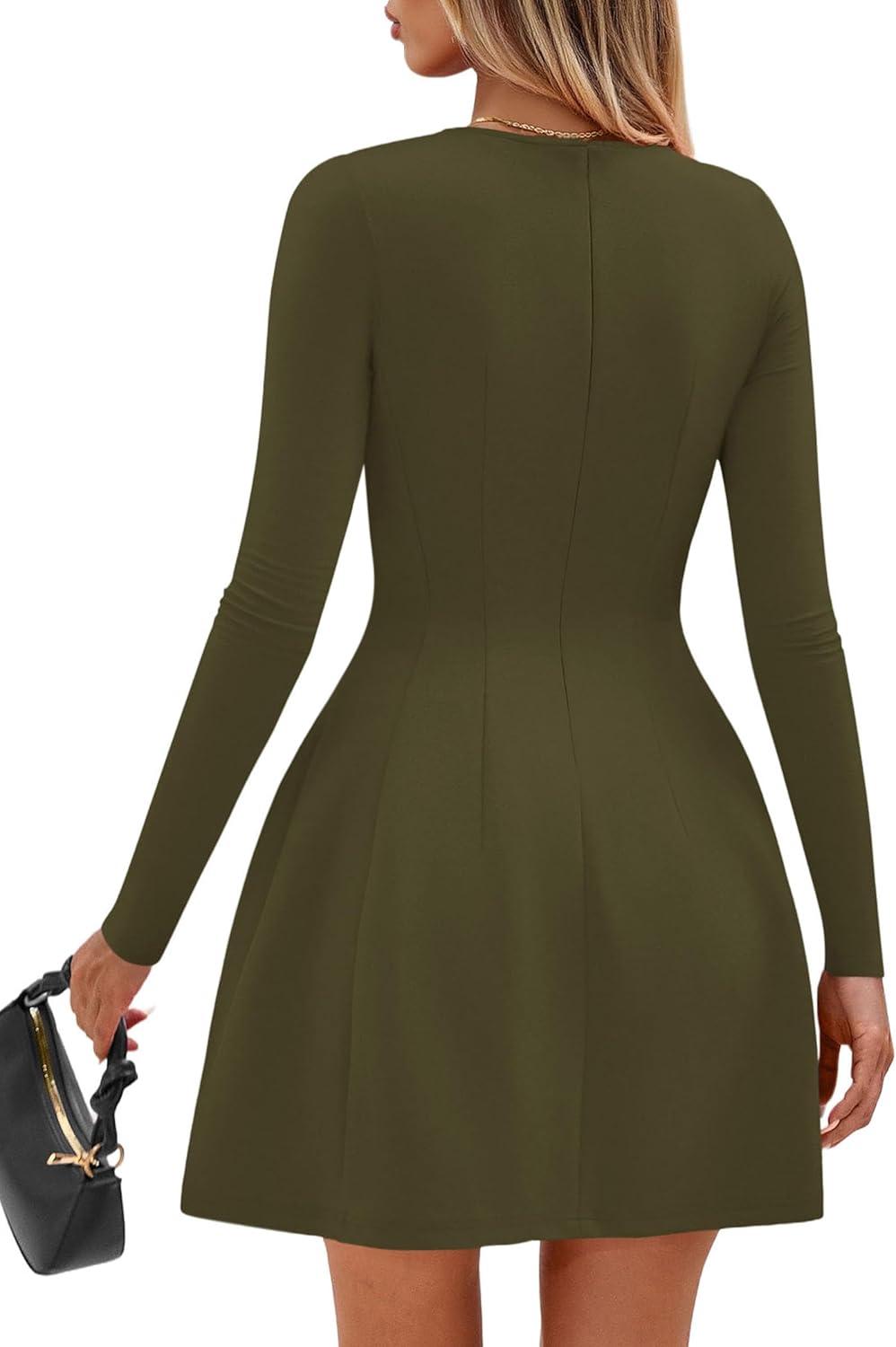 imagePRETTYGARDEN Long Sleeve Mini Dress for Women 2025 Fall Crewneck Knit Pleated Babydoll A Line Soft Casual Short Party DressesArmy Green