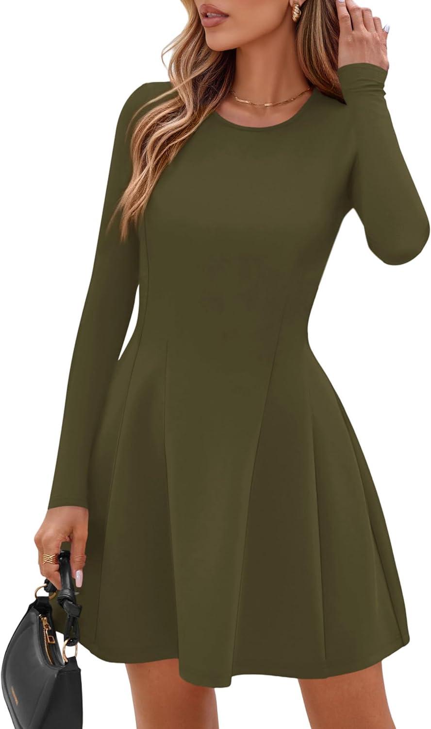 imagePRETTYGARDEN Long Sleeve Mini Dress for Women 2025 Fall Crewneck Knit Pleated Babydoll A Line Soft Casual Short Party DressesArmy Green