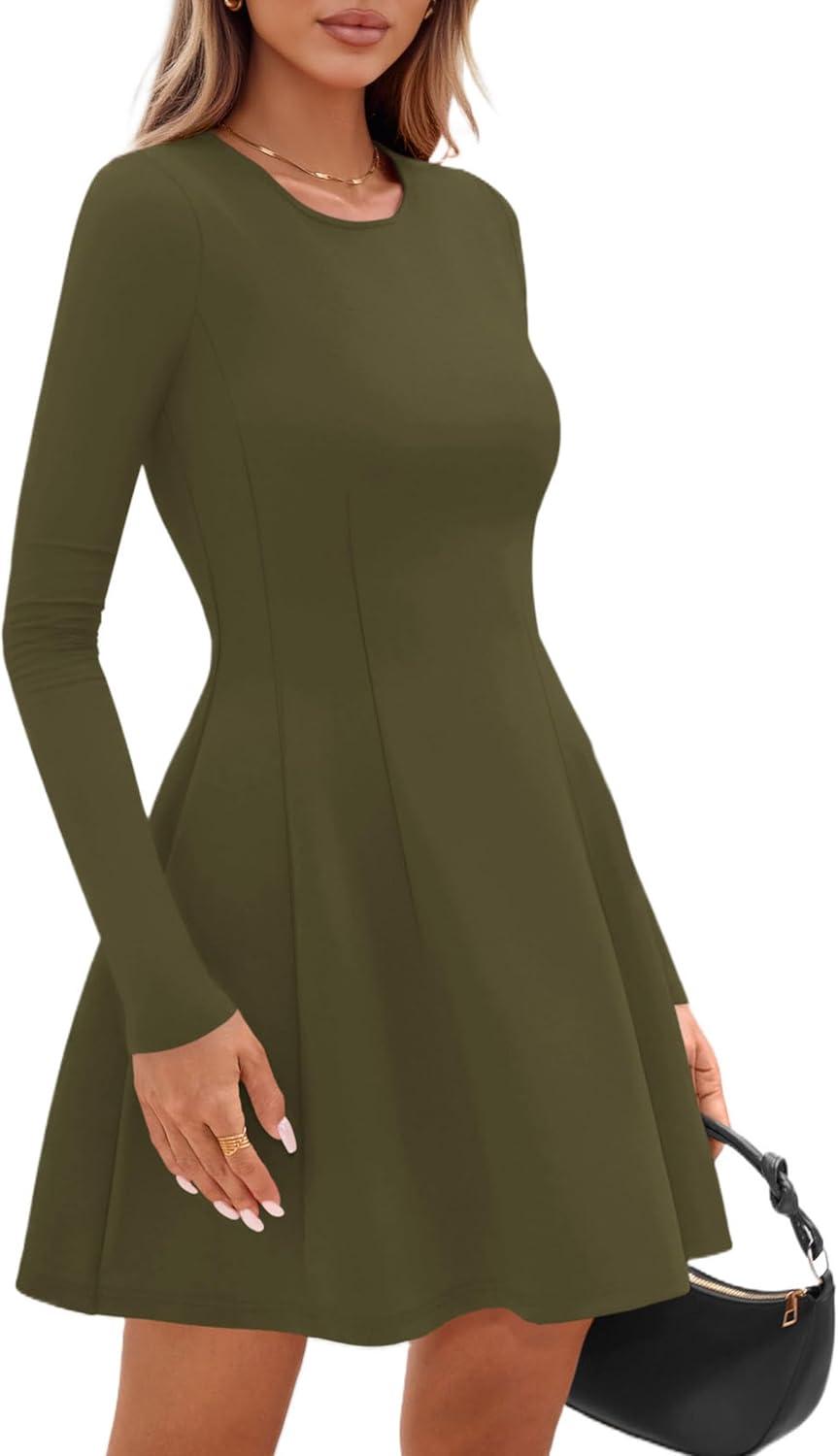 imagePRETTYGARDEN Long Sleeve Mini Dress for Women 2025 Fall Crewneck Knit Pleated Babydoll A Line Soft Casual Short Party DressesArmy Green