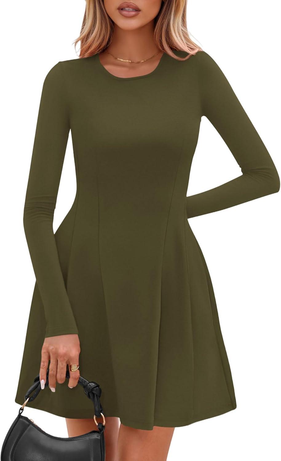 imagePRETTYGARDEN Long Sleeve Mini Dress for Women 2025 Fall Crewneck Knit Pleated Babydoll A Line Soft Casual Short Party DressesArmy Green