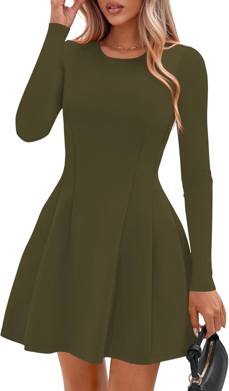 imagePRETTYGARDEN Long Sleeve Mini Dress for Women 2025 Fall Crewneck Knit Pleated Babydoll A Line Soft Casual Short Party DressesArmy Green