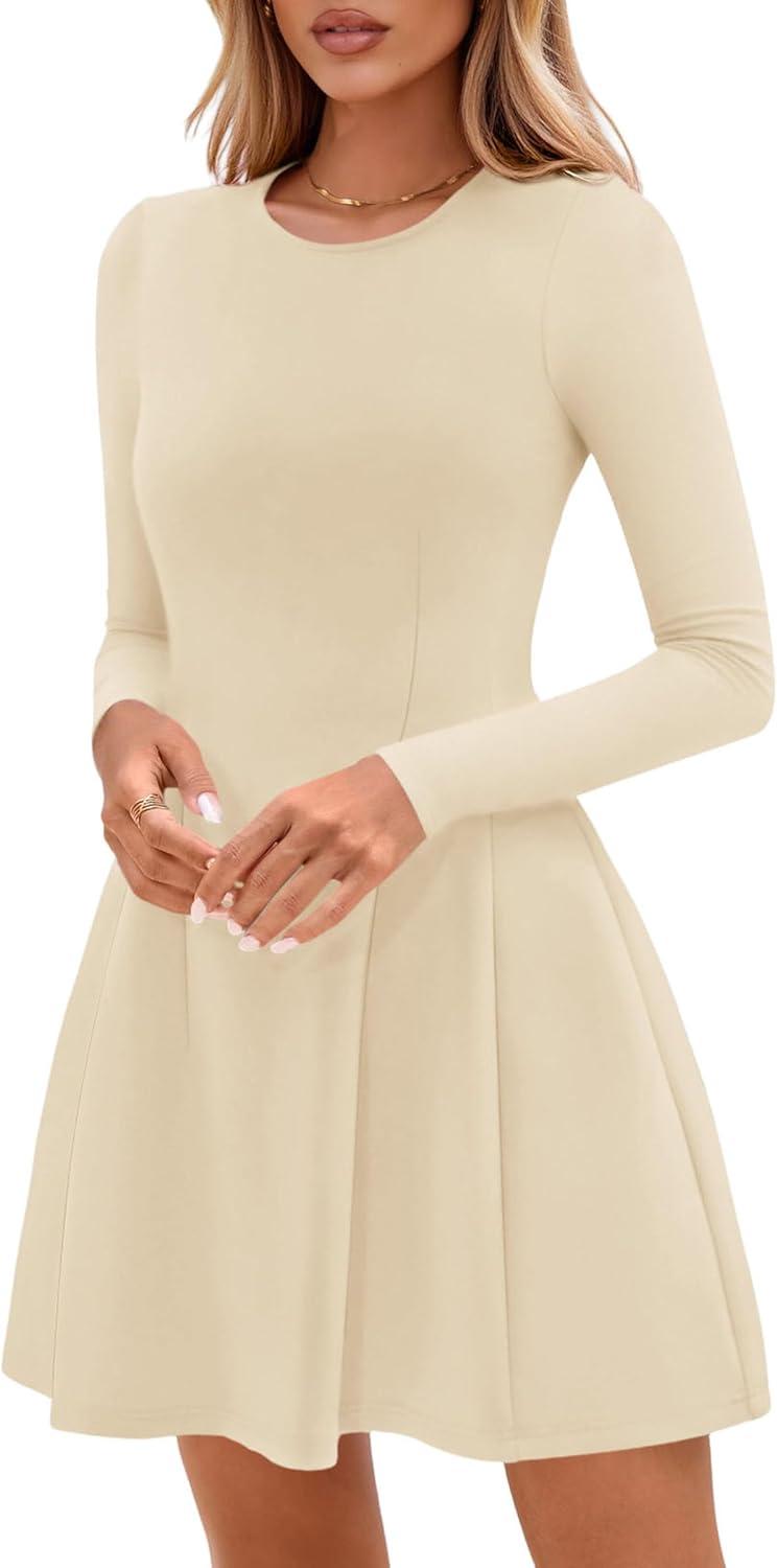imagePRETTYGARDEN Long Sleeve Mini Dress for Women 2025 Fall Crewneck Knit Pleated Babydoll A Line Soft Casual Short Party DressesBeige