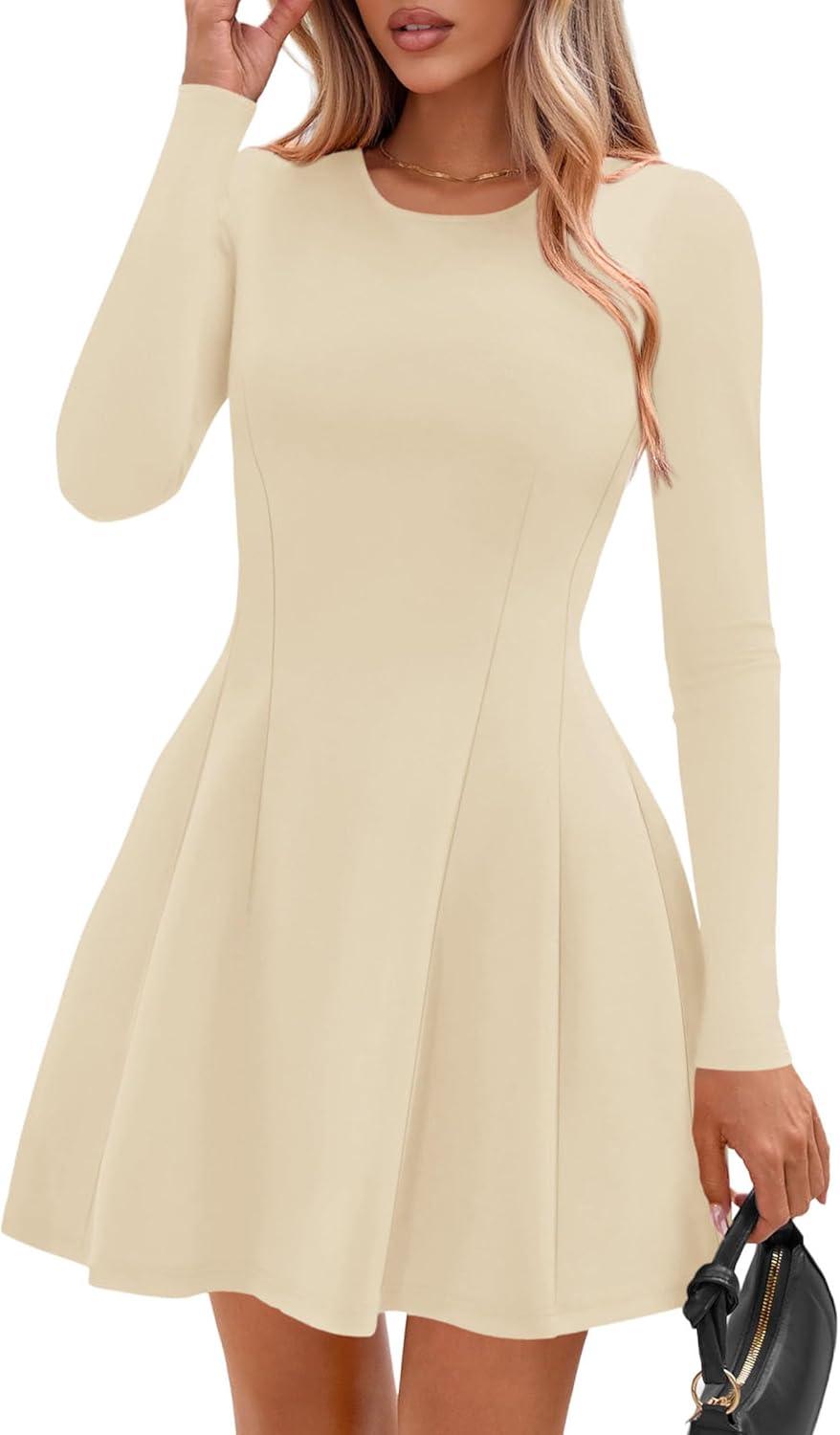 imagePRETTYGARDEN Long Sleeve Mini Dress for Women 2025 Fall Crewneck Knit Pleated Babydoll A Line Soft Casual Short Party DressesBeige