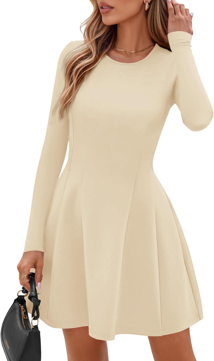 imagePRETTYGARDEN Long Sleeve Mini Dress for Women 2025 Fall Crewneck Knit Pleated Babydoll A Line Soft Casual Short Party DressesBeige