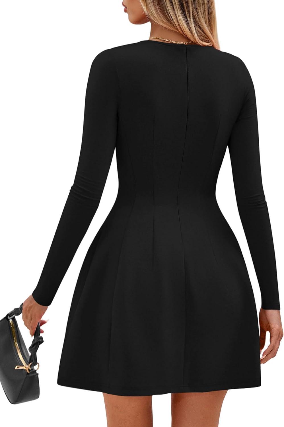 imagePRETTYGARDEN Long Sleeve Mini Dress for Women 2025 Fall Crewneck Knit Pleated Babydoll A Line Soft Casual Short Party DressesBlack