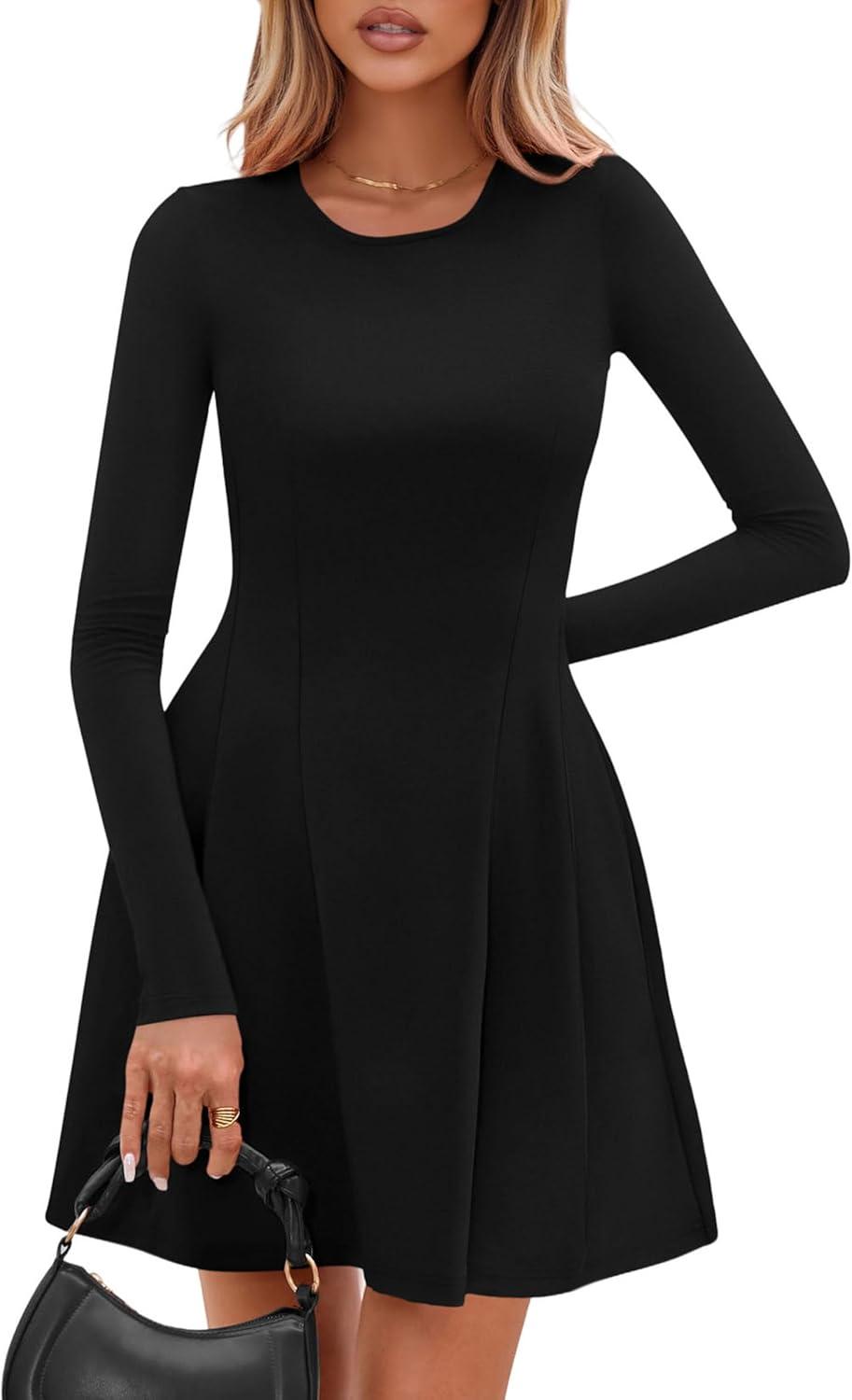 imagePRETTYGARDEN Long Sleeve Mini Dress for Women 2025 Fall Crewneck Knit Pleated Babydoll A Line Soft Casual Short Party DressesBlack