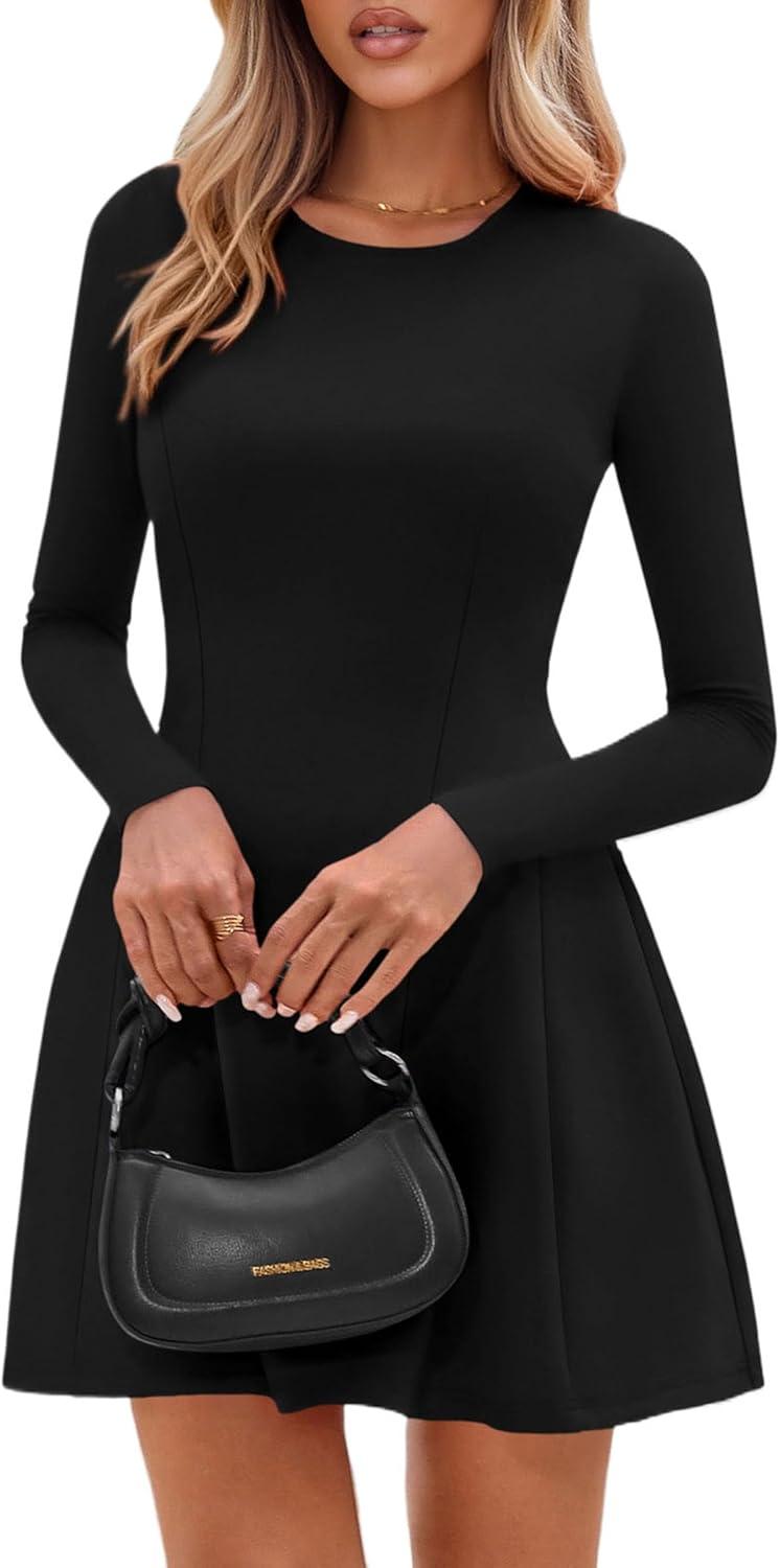 imagePRETTYGARDEN Long Sleeve Mini Dress for Women 2025 Fall Crewneck Knit Pleated Babydoll A Line Soft Casual Short Party DressesBlack