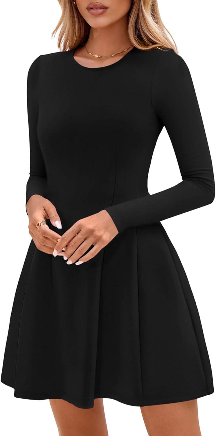 imagePRETTYGARDEN Long Sleeve Mini Dress for Women 2025 Fall Crewneck Knit Pleated Babydoll A Line Soft Casual Short Party DressesBlack