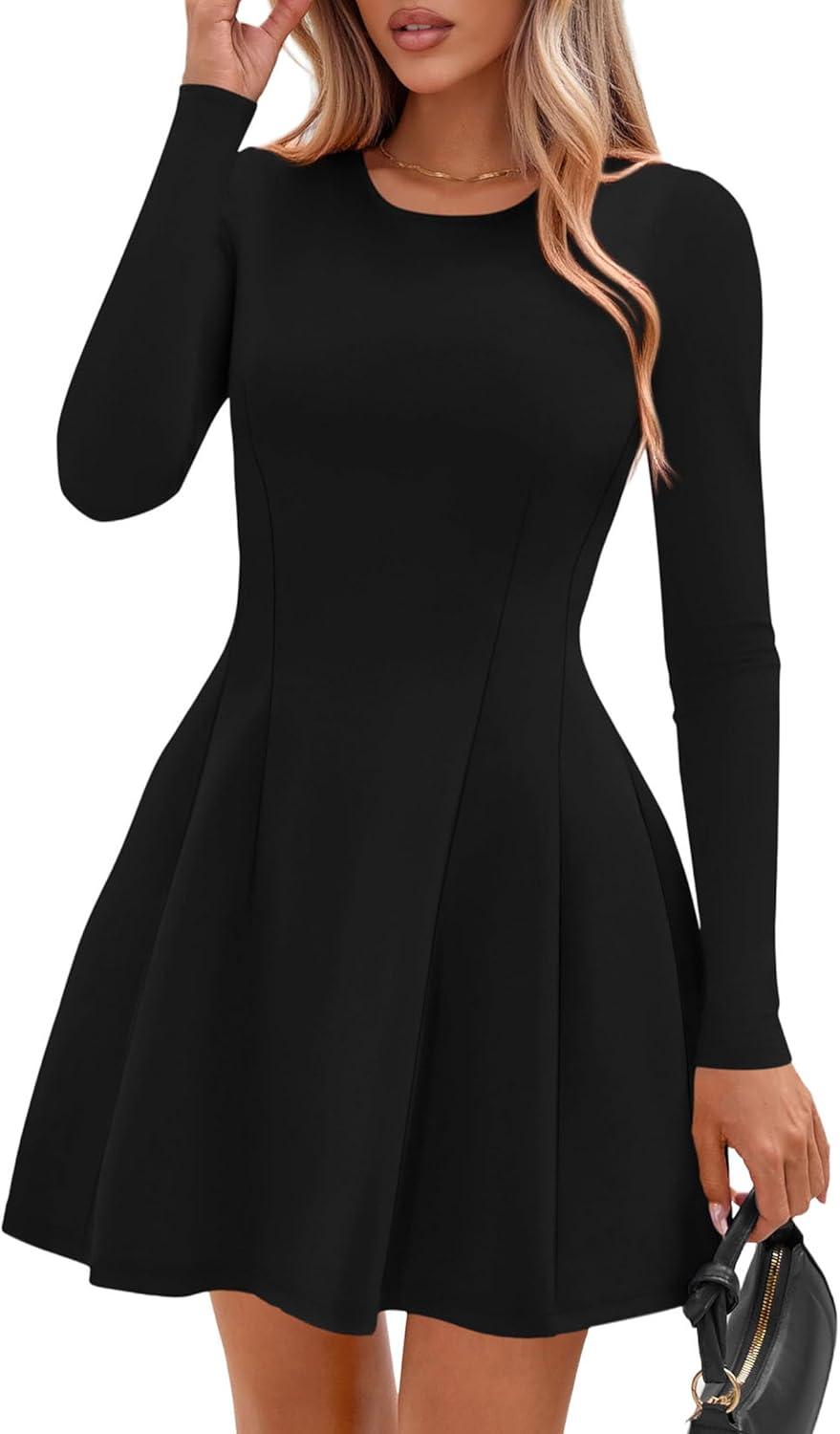 imagePRETTYGARDEN Long Sleeve Mini Dress for Women 2025 Fall Crewneck Knit Pleated Babydoll A Line Soft Casual Short Party DressesBlack