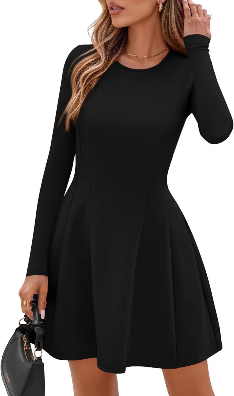 imagePRETTYGARDEN Long Sleeve Mini Dress for Women 2025 Fall Crewneck Knit Pleated Babydoll A Line Soft Casual Short Party DressesBlack