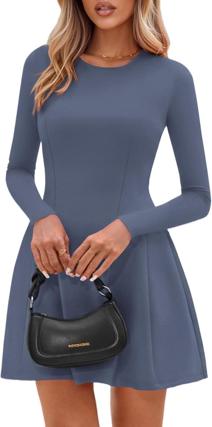 imagePRETTYGARDEN Long Sleeve Mini Dress for Women 2025 Fall Crewneck Knit Pleated Babydoll A Line Soft Casual Short Party DressesBlue