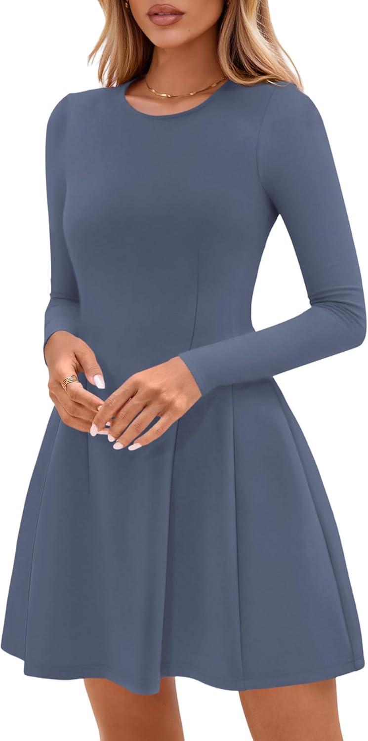 imagePRETTYGARDEN Long Sleeve Mini Dress for Women 2025 Fall Crewneck Knit Pleated Babydoll A Line Soft Casual Short Party DressesBlue