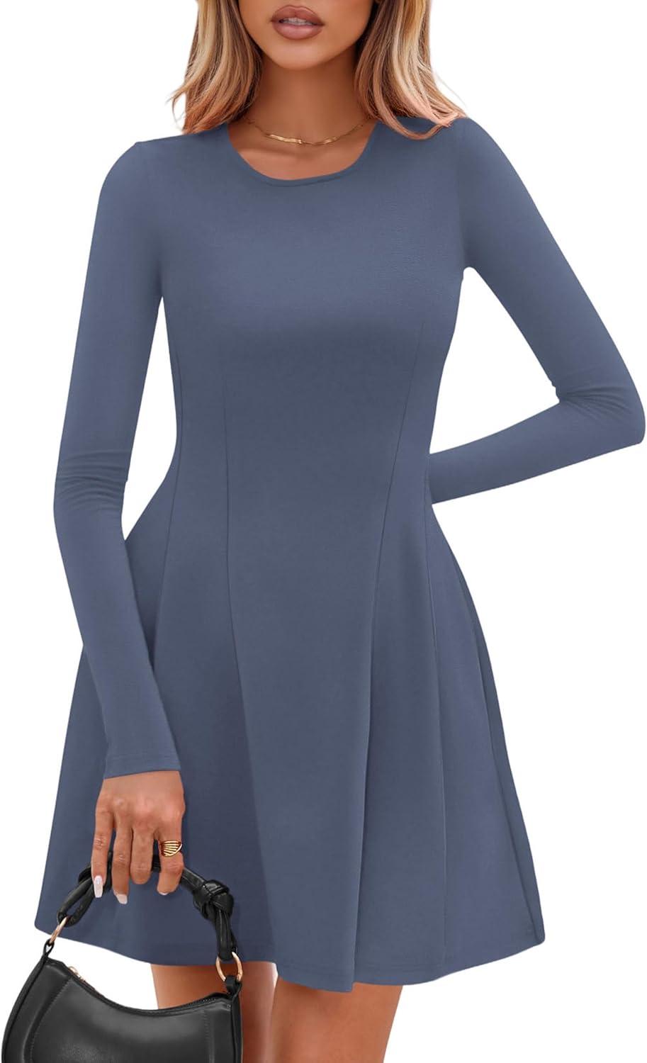 imagePRETTYGARDEN Long Sleeve Mini Dress for Women 2025 Fall Crewneck Knit Pleated Babydoll A Line Soft Casual Short Party DressesBlue