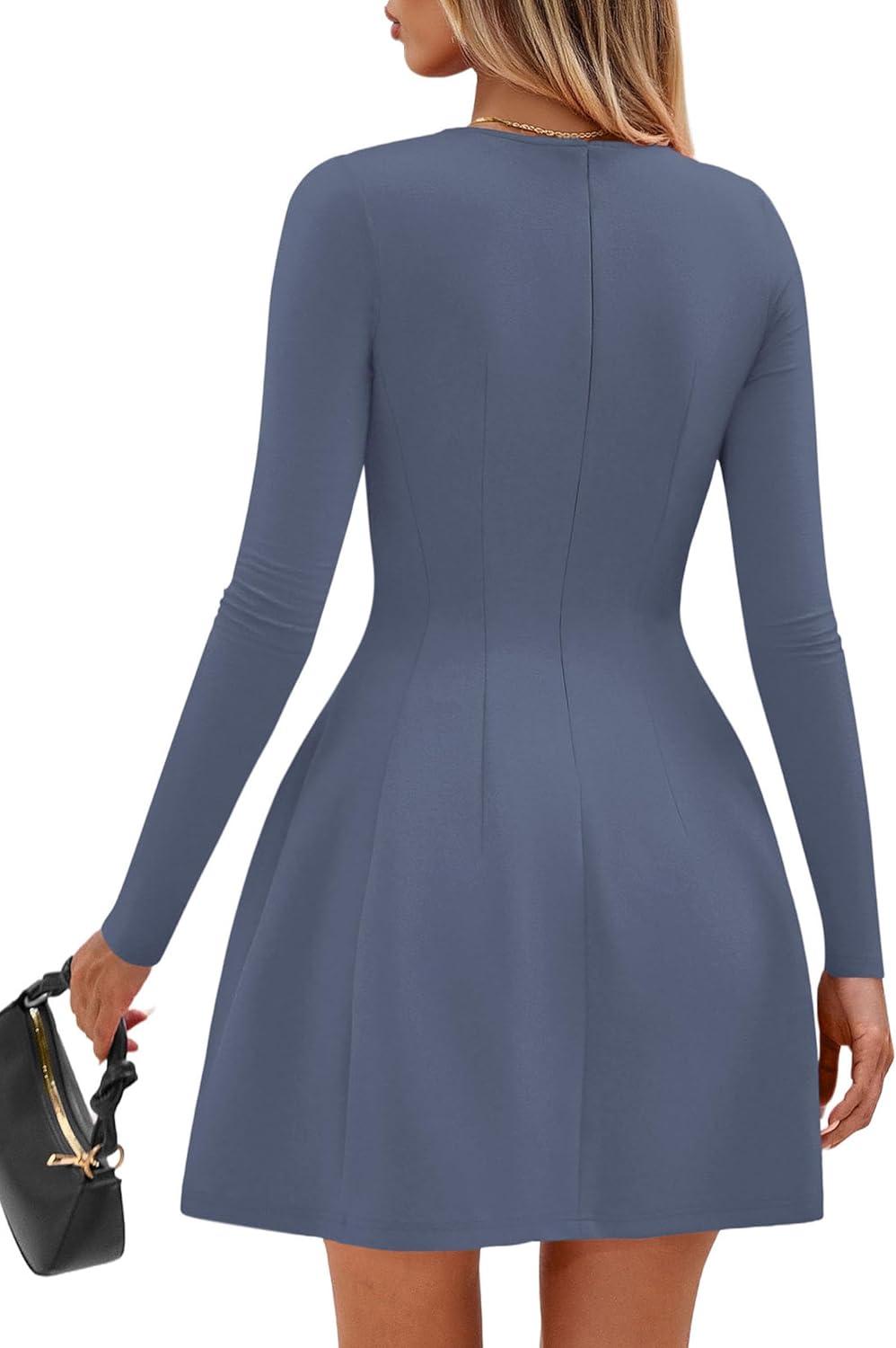 imagePRETTYGARDEN Long Sleeve Mini Dress for Women 2025 Fall Crewneck Knit Pleated Babydoll A Line Soft Casual Short Party DressesBlue