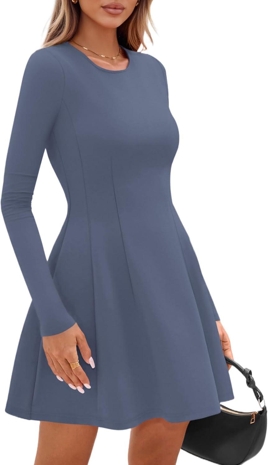 imagePRETTYGARDEN Long Sleeve Mini Dress for Women 2025 Fall Crewneck Knit Pleated Babydoll A Line Soft Casual Short Party DressesBlue