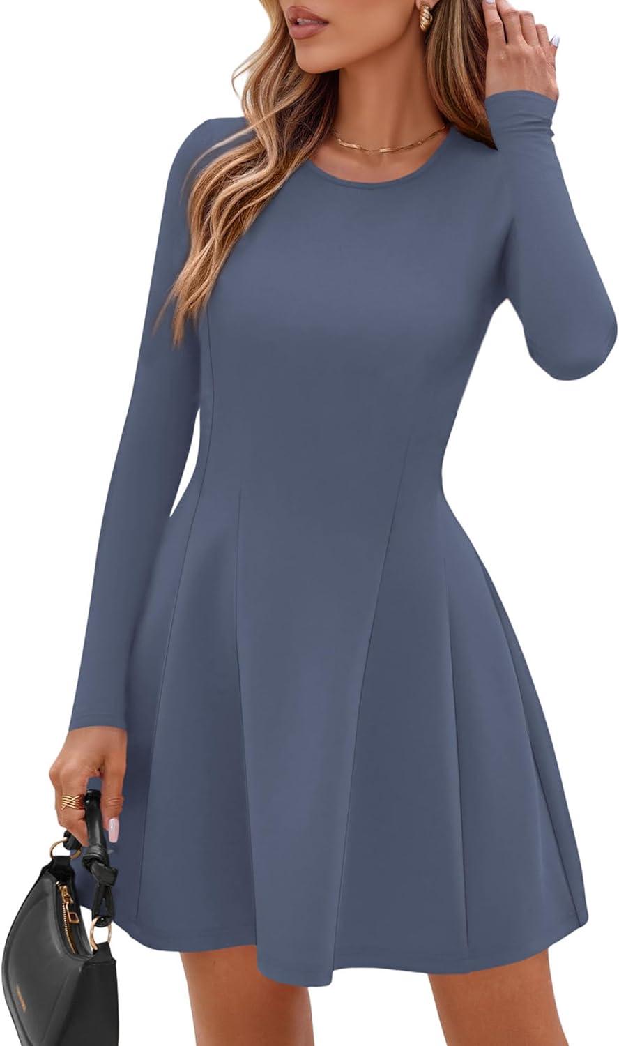 imagePRETTYGARDEN Long Sleeve Mini Dress for Women 2025 Fall Crewneck Knit Pleated Babydoll A Line Soft Casual Short Party DressesBlue