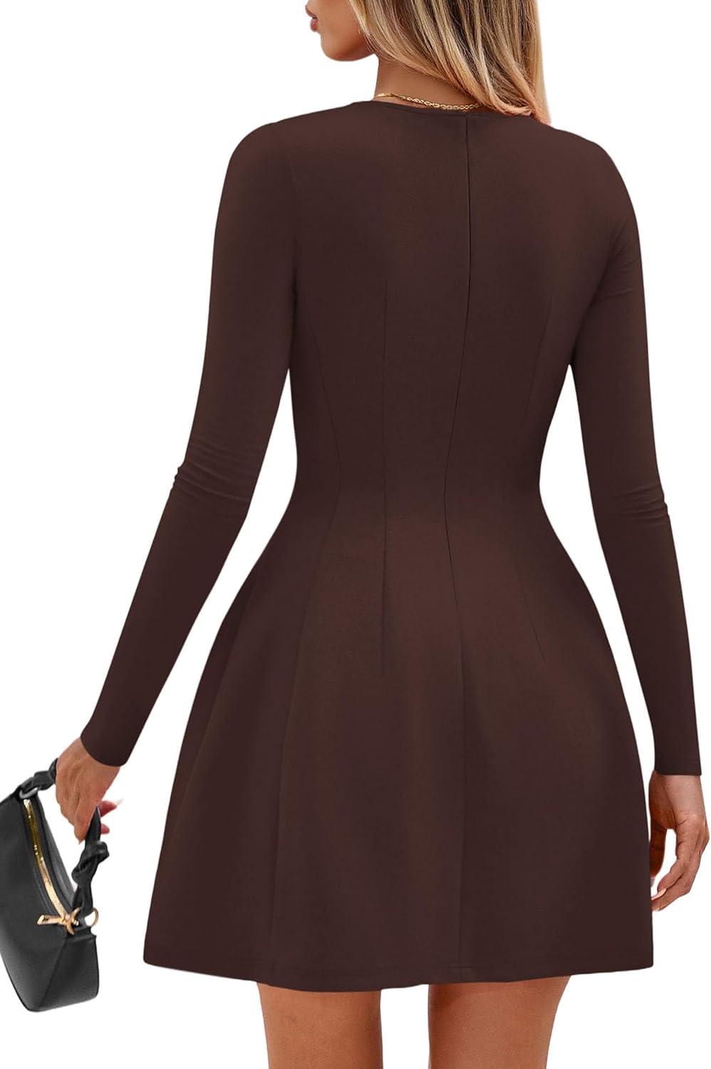 imagePRETTYGARDEN Long Sleeve Mini Dress for Women 2025 Fall Crewneck Knit Pleated Babydoll A Line Soft Casual Short Party DressesBrown