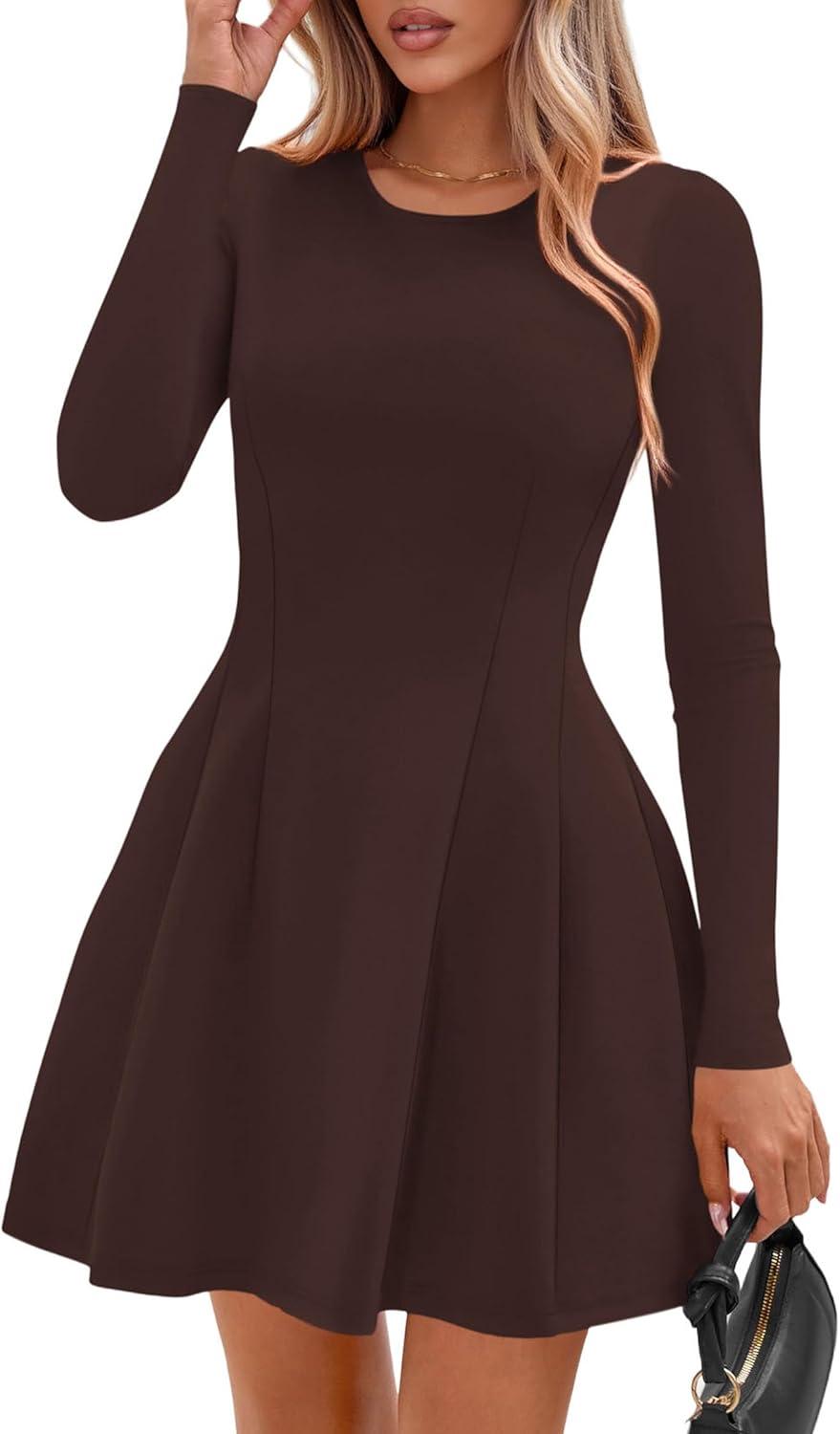imagePRETTYGARDEN Long Sleeve Mini Dress for Women 2025 Fall Crewneck Knit Pleated Babydoll A Line Soft Casual Short Party DressesBrown