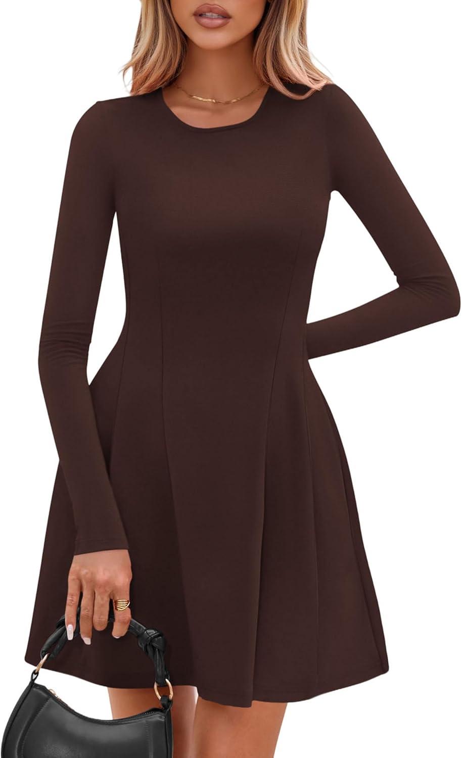 imagePRETTYGARDEN Long Sleeve Mini Dress for Women 2025 Fall Crewneck Knit Pleated Babydoll A Line Soft Casual Short Party DressesBrown