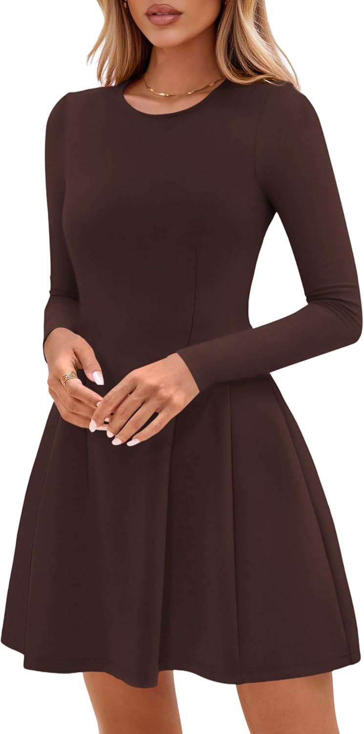 imagePRETTYGARDEN Long Sleeve Mini Dress for Women 2025 Fall Crewneck Knit Pleated Babydoll A Line Soft Casual Short Party DressesBrown