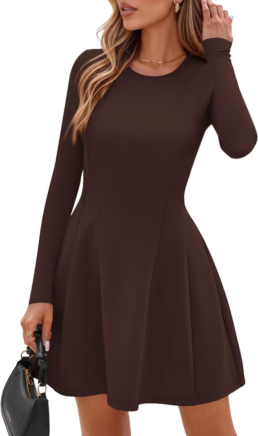 imagePRETTYGARDEN Long Sleeve Mini Dress for Women 2025 Fall Crewneck Knit Pleated Babydoll A Line Soft Casual Short Party DressesBrown