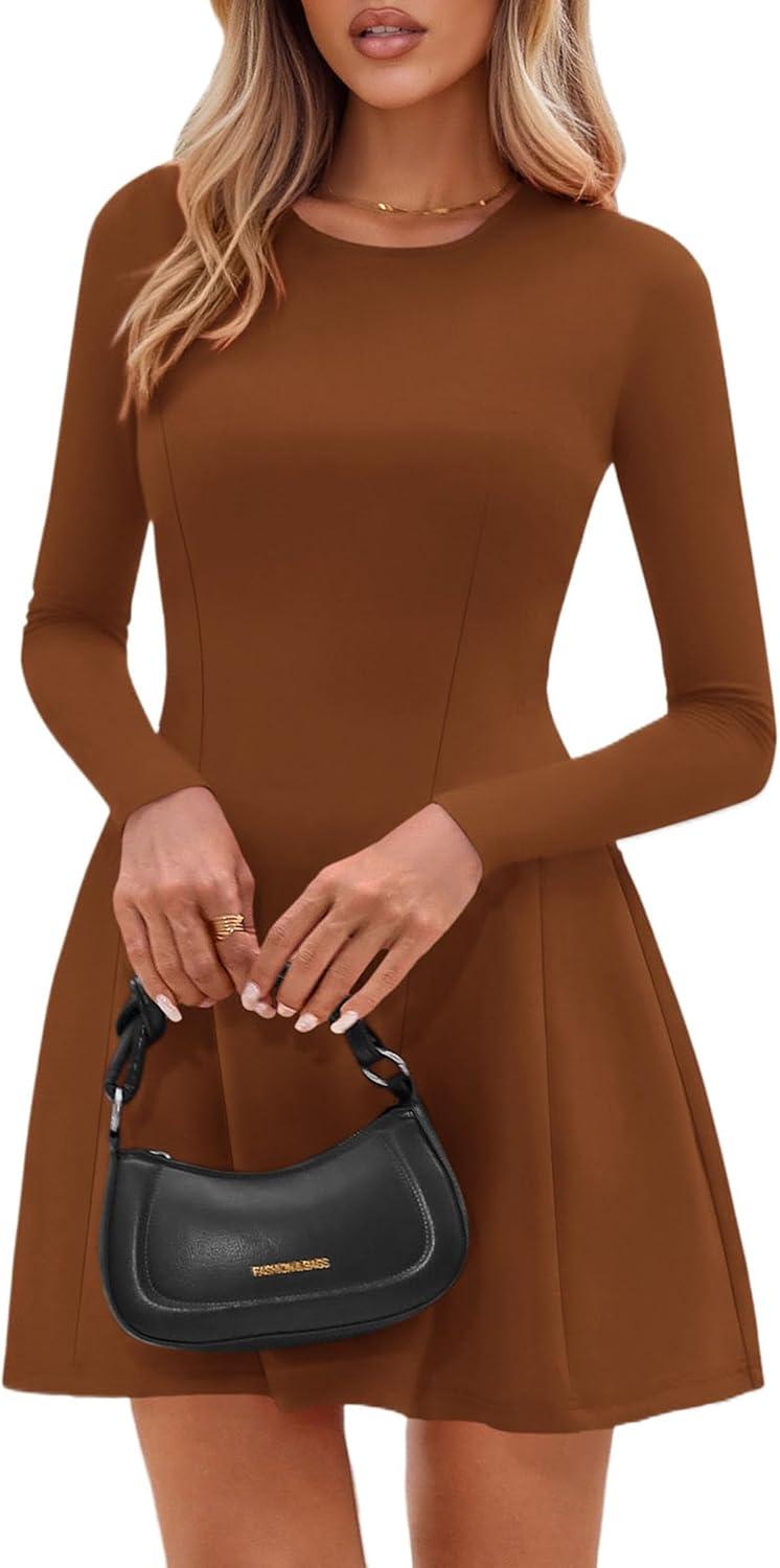 imagePRETTYGARDEN Long Sleeve Mini Dress for Women 2025 Fall Crewneck Knit Pleated Babydoll A Line Soft Casual Short Party DressesCaramel
