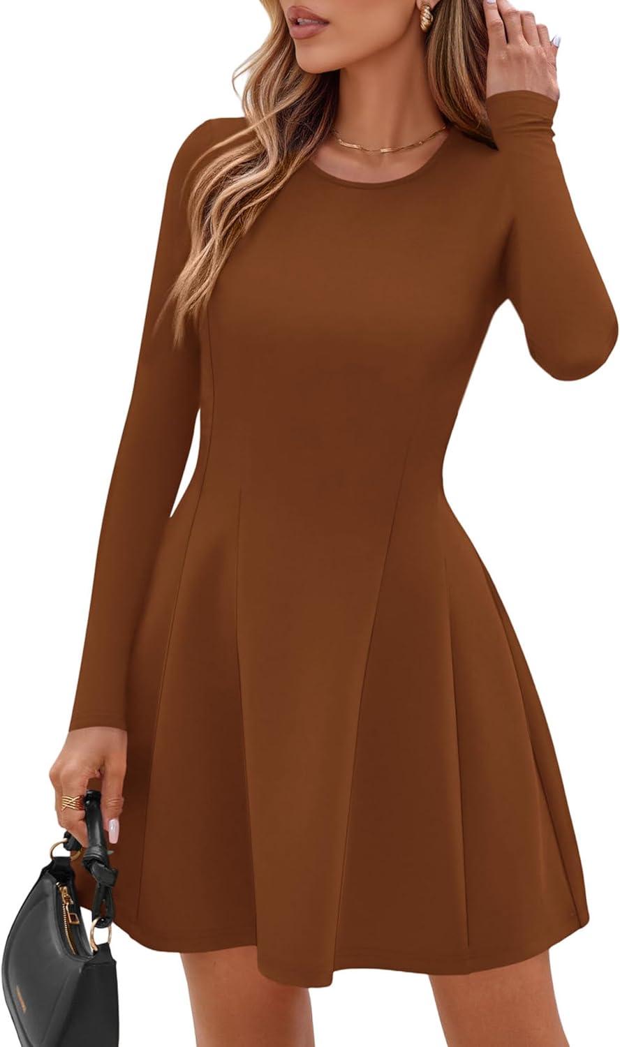 imagePRETTYGARDEN Long Sleeve Mini Dress for Women 2025 Fall Crewneck Knit Pleated Babydoll A Line Soft Casual Short Party DressesCaramel